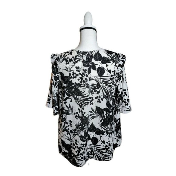 Worthington Womens Medium Black Floral Print Flutter Sleeve V Neck Blouse Top - Picture 3 of 7